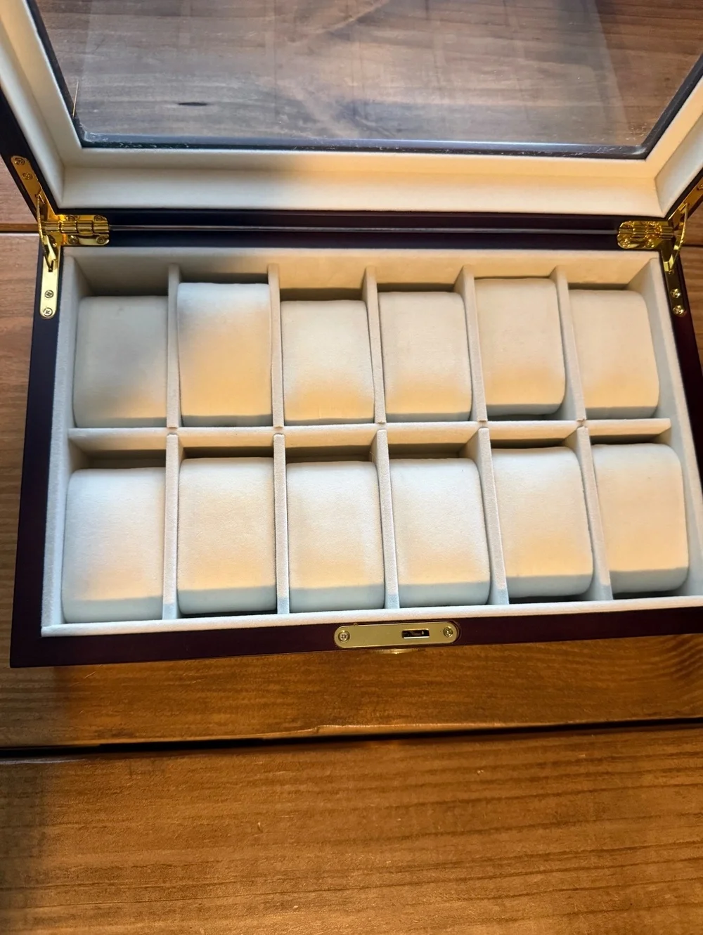 Wooden Watch Storage Box with Glass Lid and Multiple Compartments